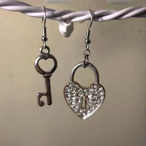 NEW Lock and Heart Key Dangle Drop Earrings Locket Love Rhinestone Mismatched